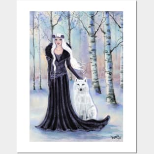 Winter goddess with white wolf by Renee Lavoie Posters and Art